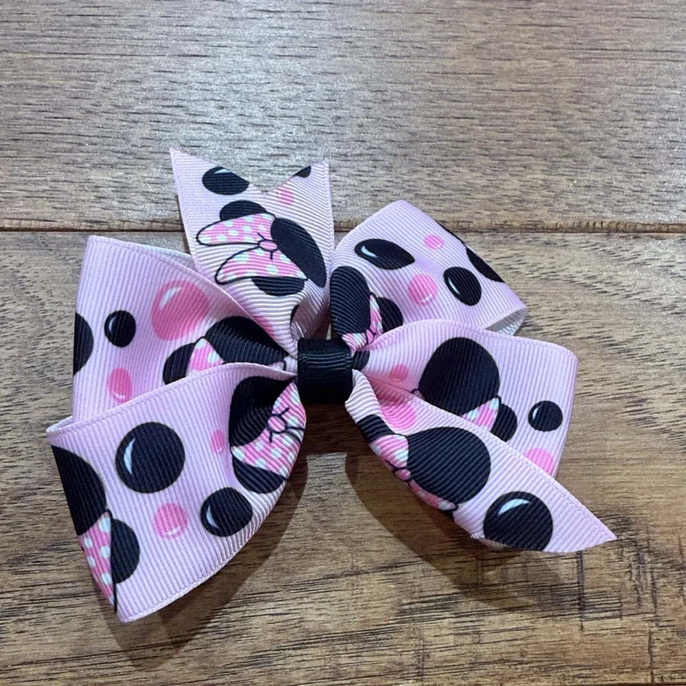 Girls Bow - Pink Black Minnie Mouse Hand-Made Hair Bow